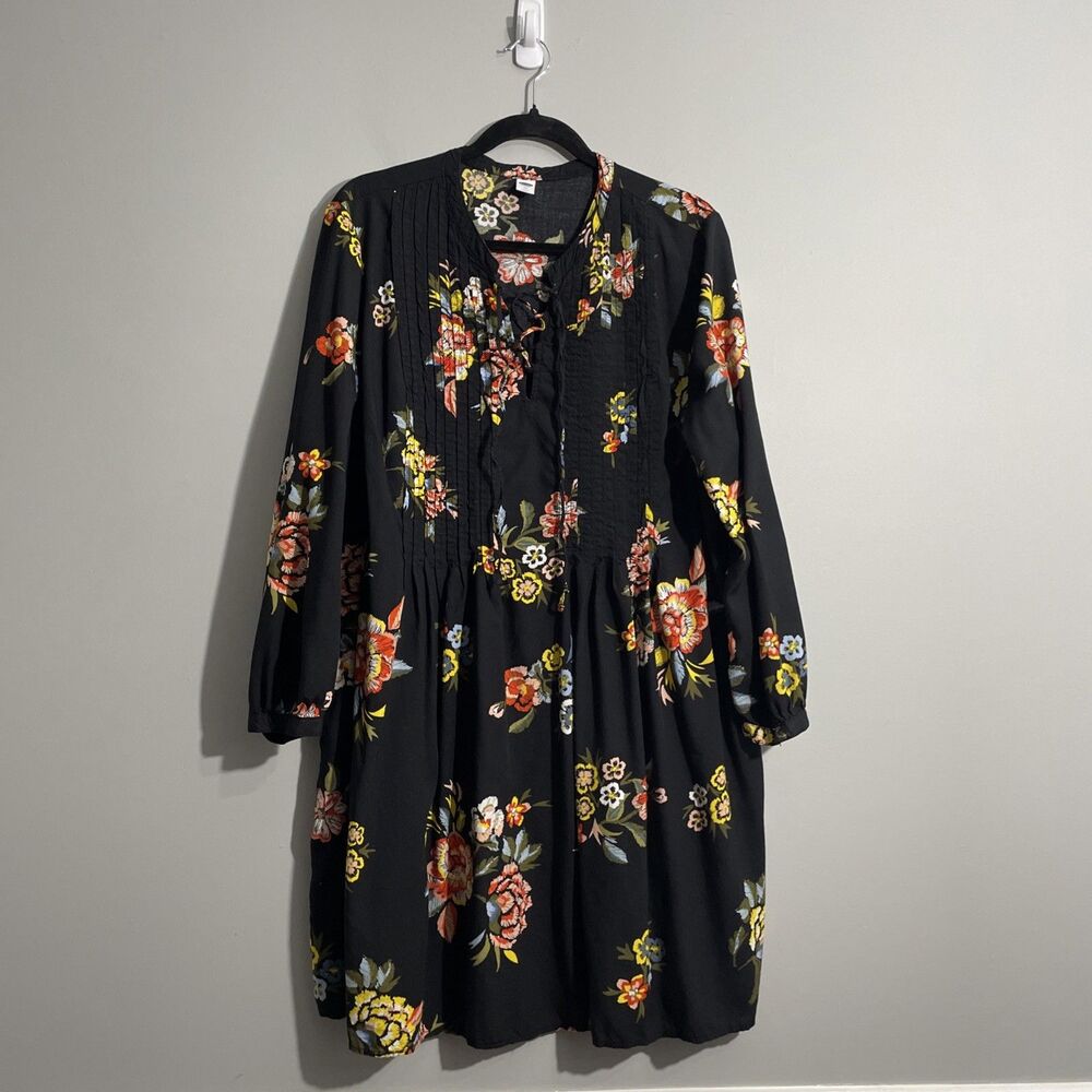 Old Navy Black Floral Dress Women’s XL Long Sleeve Casual Midi Dress